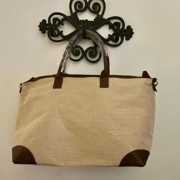 NGil Jute/Khaki Canvas Zip-Top Weekender Tote w/Brown PU Leather - Picture 3 of 8